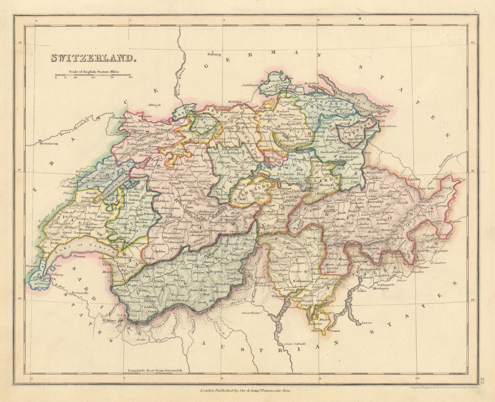 Switzerland in cantons by John Dower 1845 old antique vintage map plan chart